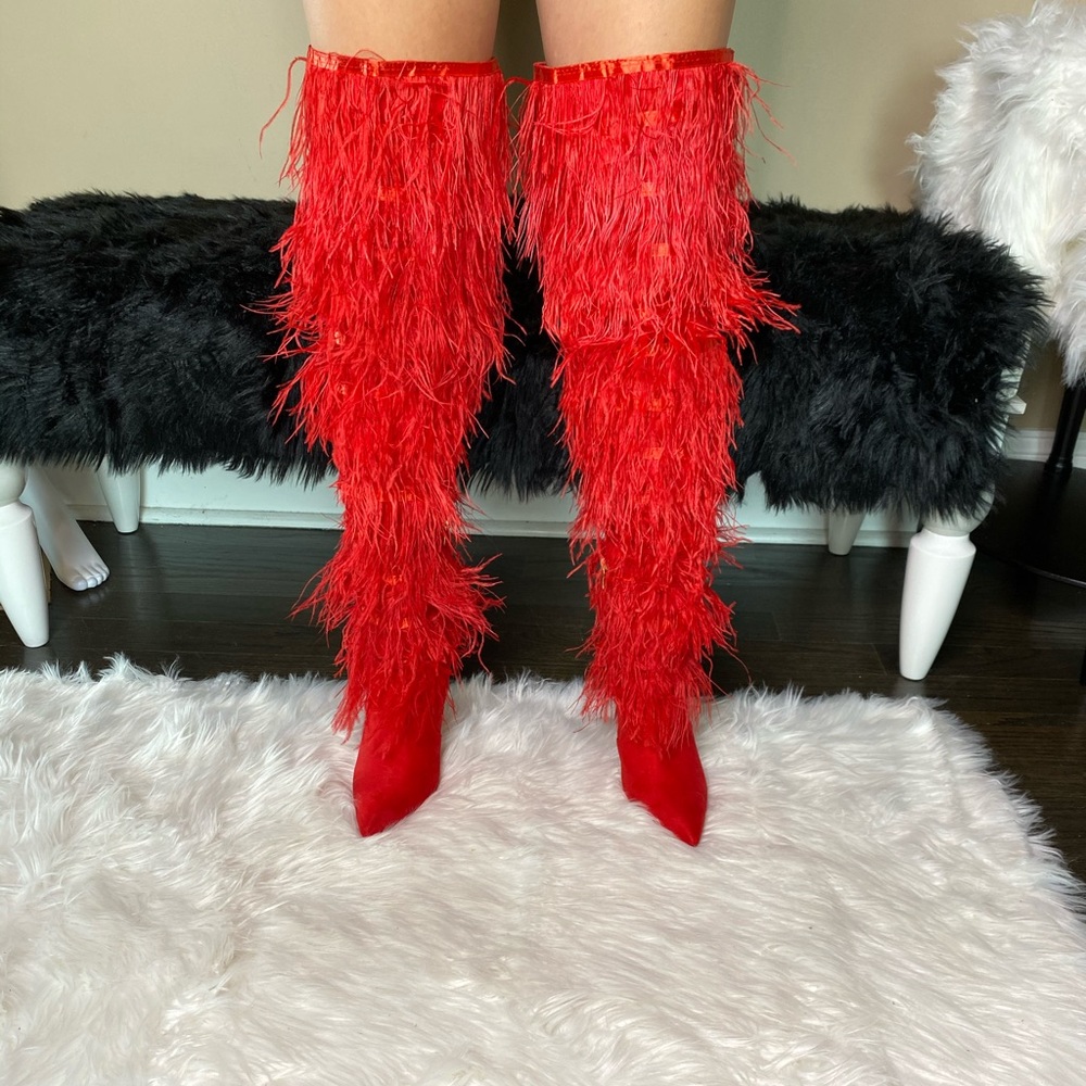 LILIANA CAMPBELL RED FEATHER HEEL BOOTS - Picture 14 of 16